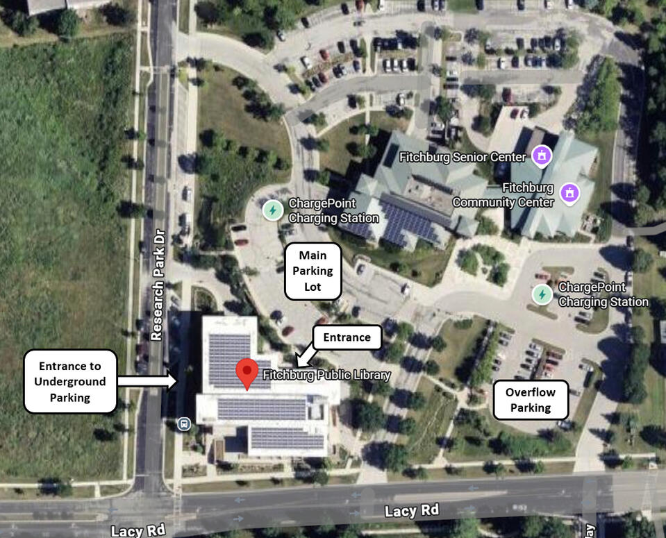 Parking at the Fitchburg Library satellite image of the fitchburg library with the parking lots labeled
